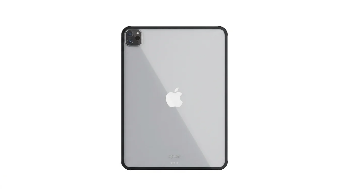 Průhledné zadní pouzdro Epico s černým rámečkem nasazené na tabletu Apple iPad.