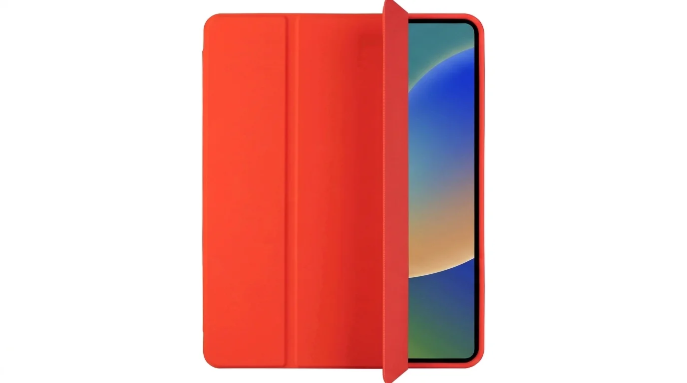 Červené pouzdro Fixed Padcover pro Apple iPad s částečně odklopeným předním krytem odhalujícím část displeje.