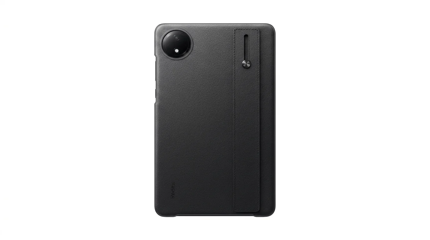 Černé pouzdro na tablet Xiaomi Redmi Pad SE 8.7 se zadním popruhem s kovovým nýtem a výřezem pro fotoaparát.