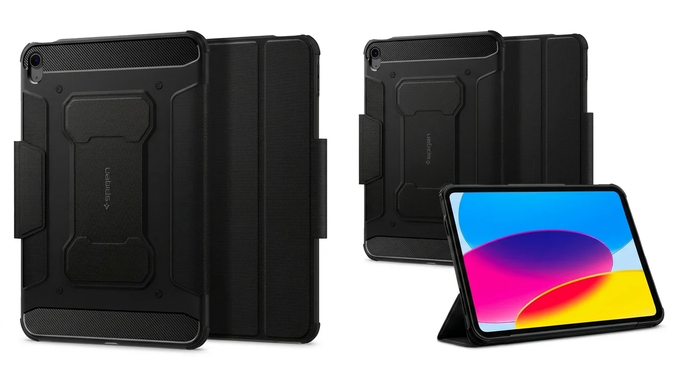 Černé pouzdro Spigen Rugged Armor Pro pro iPad zobrazené ze zadní strany i postavené jako stojánek s rozsvíceným displejem.