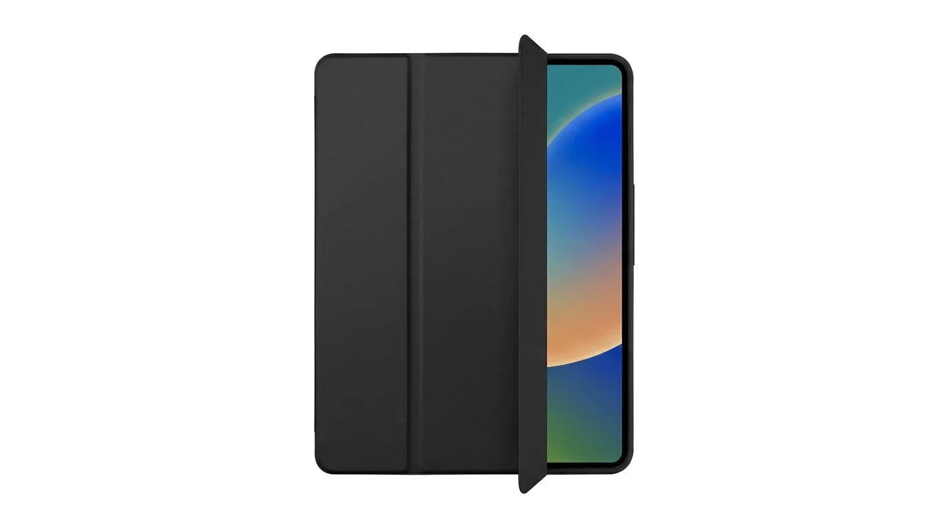 Černé pouzdro Fixed Padcover+ pro iPad s pootevřenou přední klopou odhalující část displeje.