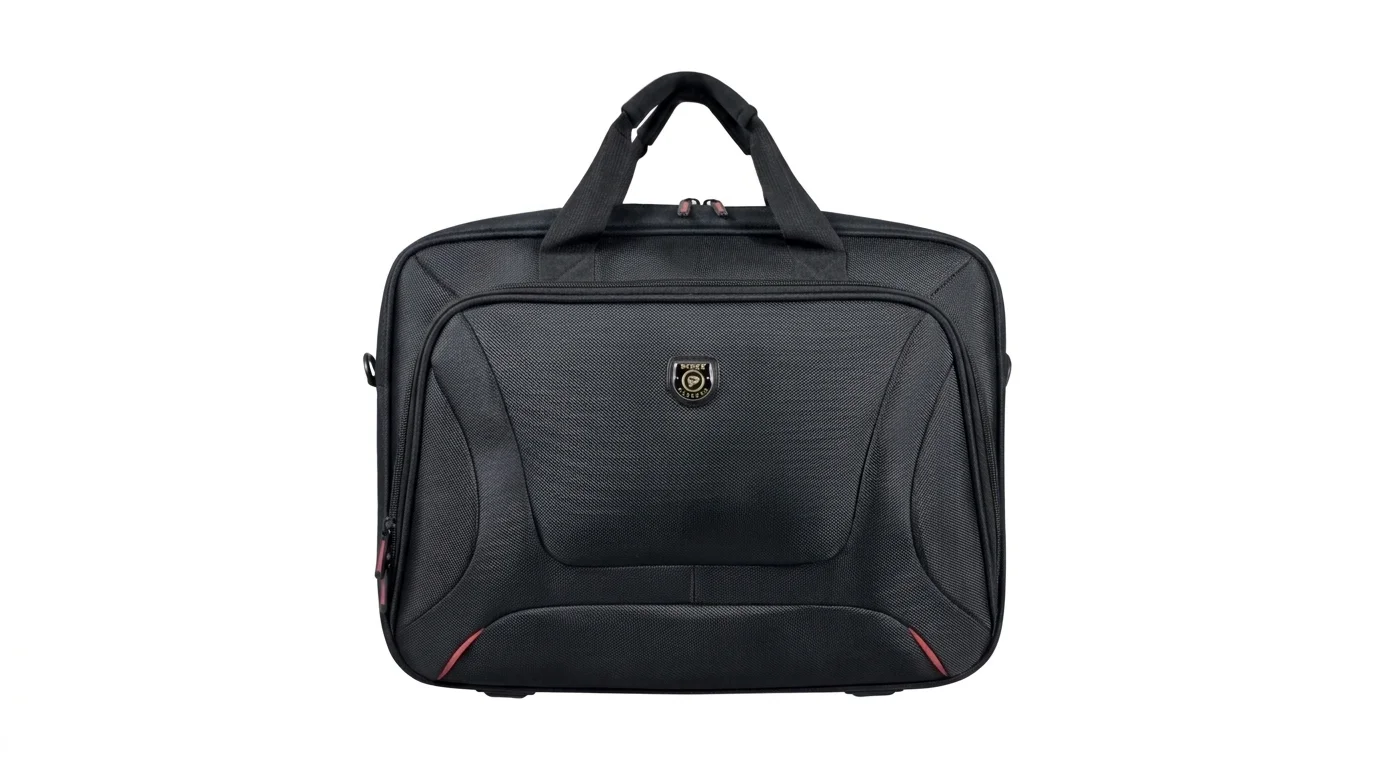 Černá brašna na notebook Port Designs Courchevel z čelního pohledu s madly a přední kapsou na zip.