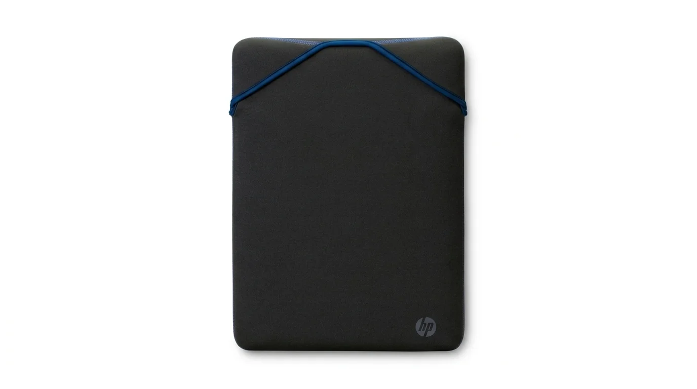 Černé pouzdro na notebook HP s modrým lemem přetahovacího uzávěru a logem HP v dolním rohu.