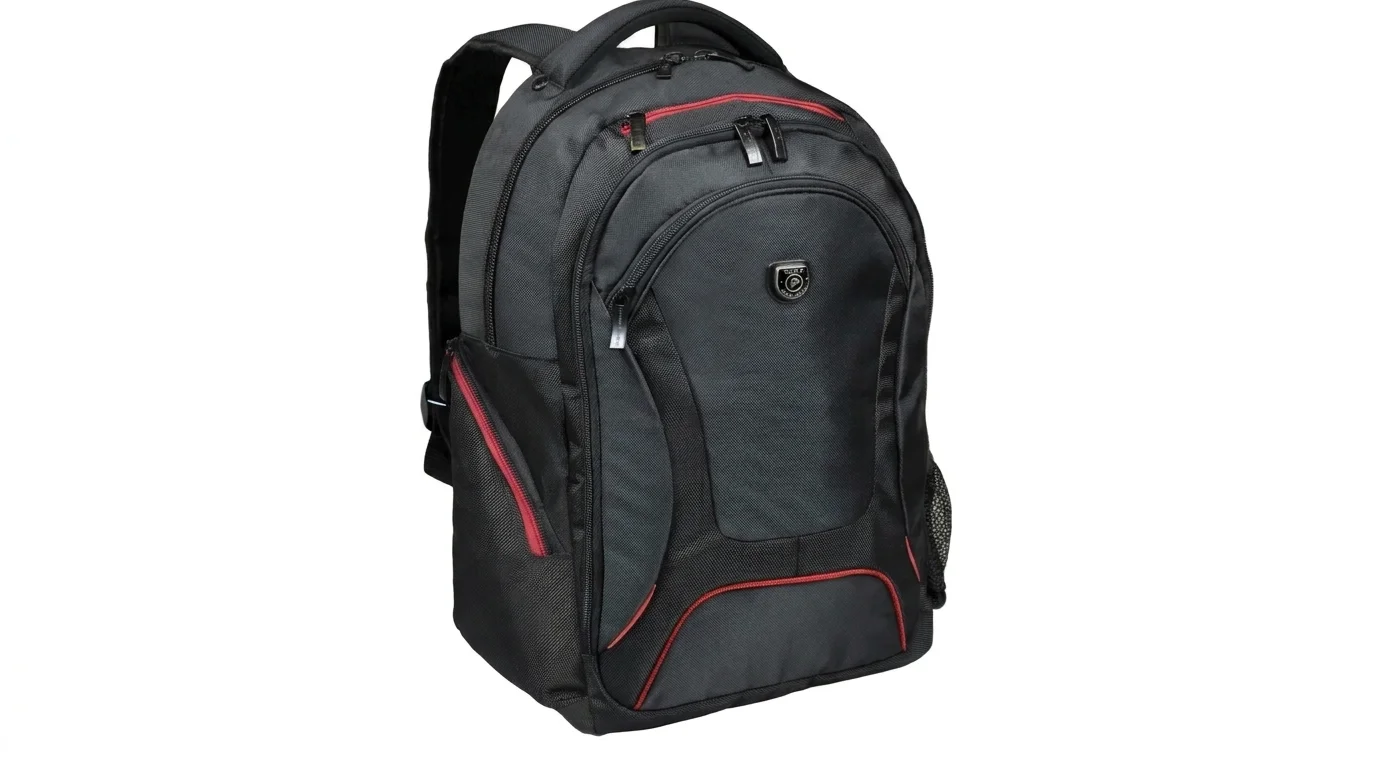 Černý batoh na notebook Port Designs Courchevel s červenými detaily a předními kapsami na zip.