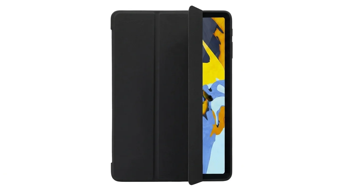 Černé pouzdro Fixed Padcover pro Apple iPad s částečně odklopeným předním krytem odhalujícím barevný displej.