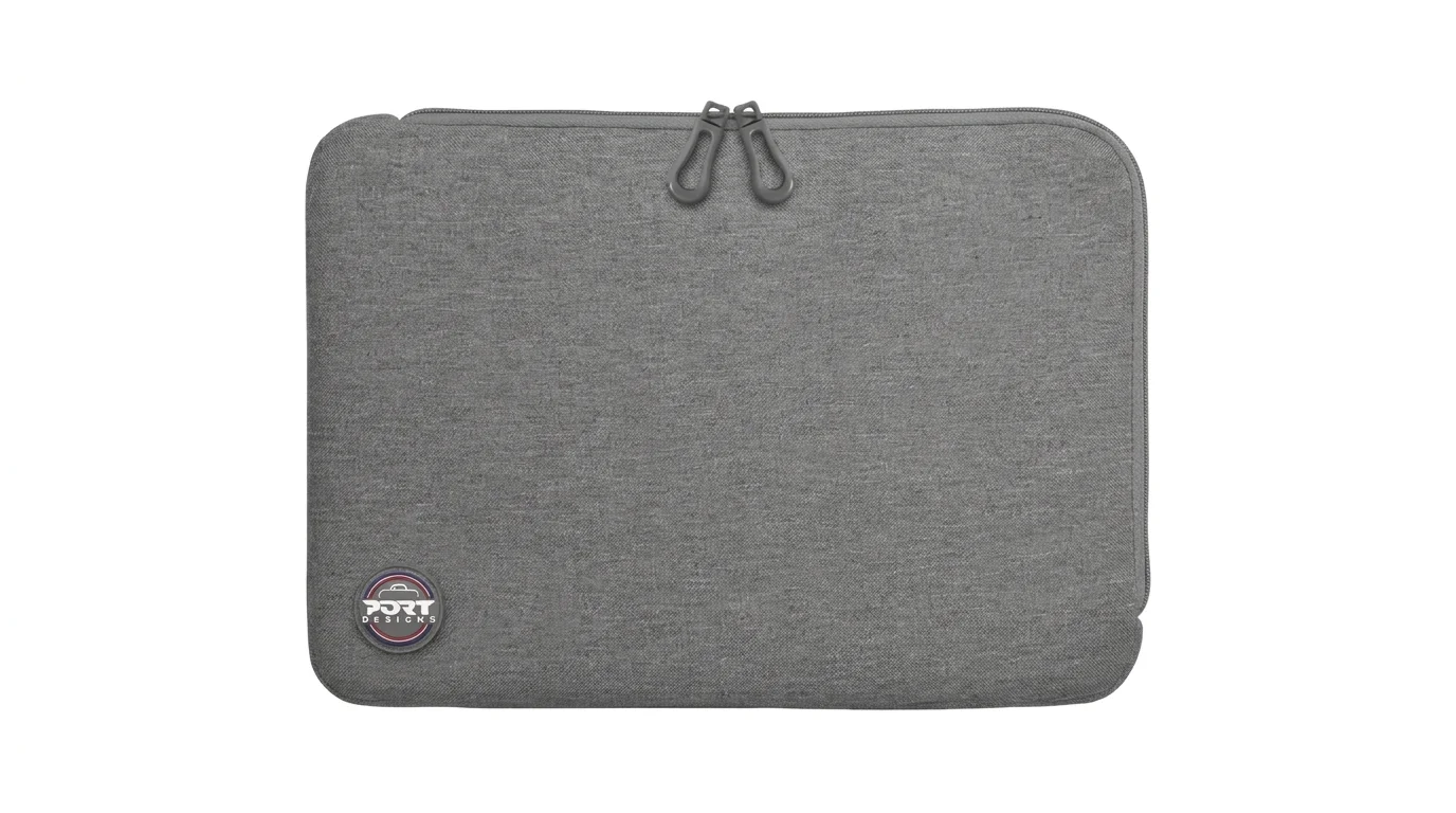 Šedé pouzdro na notebook Port Designs Torino II se zapínáním na zip a kulatým logem v levém dolním rohu.