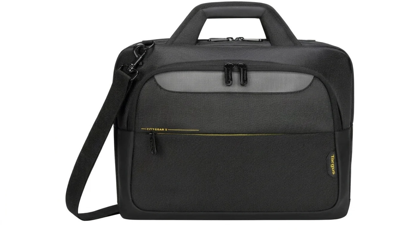 Černá brašna na notebook Targus CityGear 15,6" s pevným madlem, odnímatelným ramenním popruhem a přední kapsou na zip.