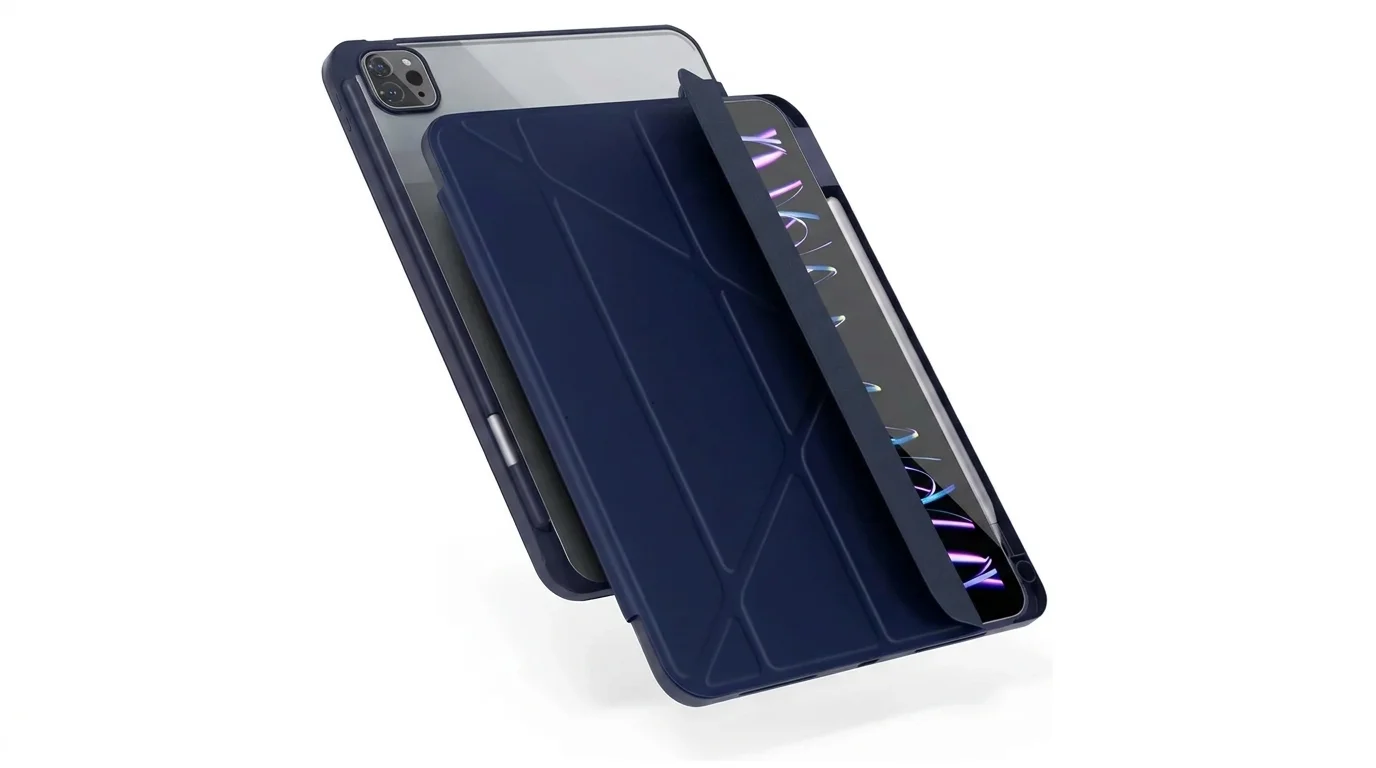 Tmavě modré flipové pouzdro Epico Hero pro iPad s průhlednými zády a slotem pro stylus.