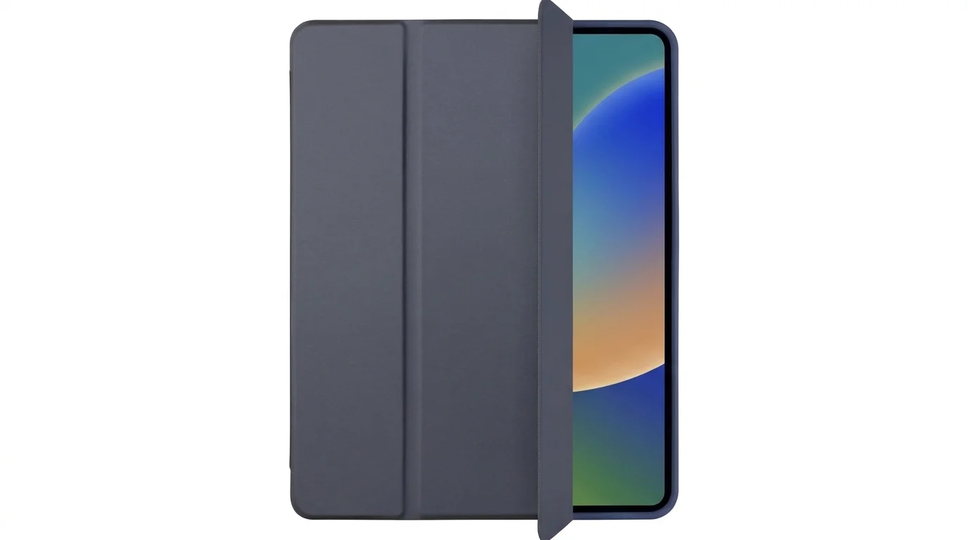 Modré pouzdro Fixed Padcover na tablet Apple iPad Pro 13" s pootevřeným předním krytem odkrývajícím část displeje.