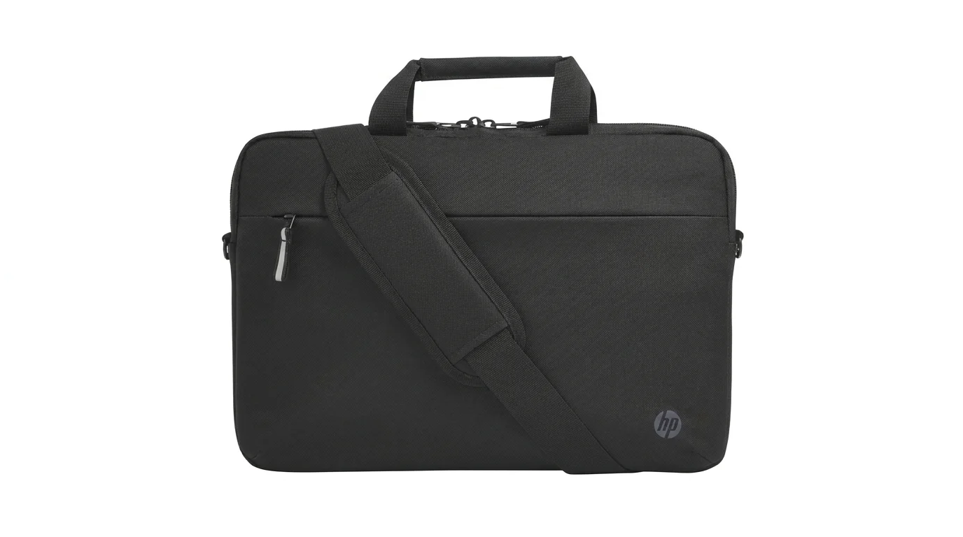 Čierna taška na notebook HP Renew Professional s hornou rukoväťou, ramenným popruhom a predným vreckom na zips.