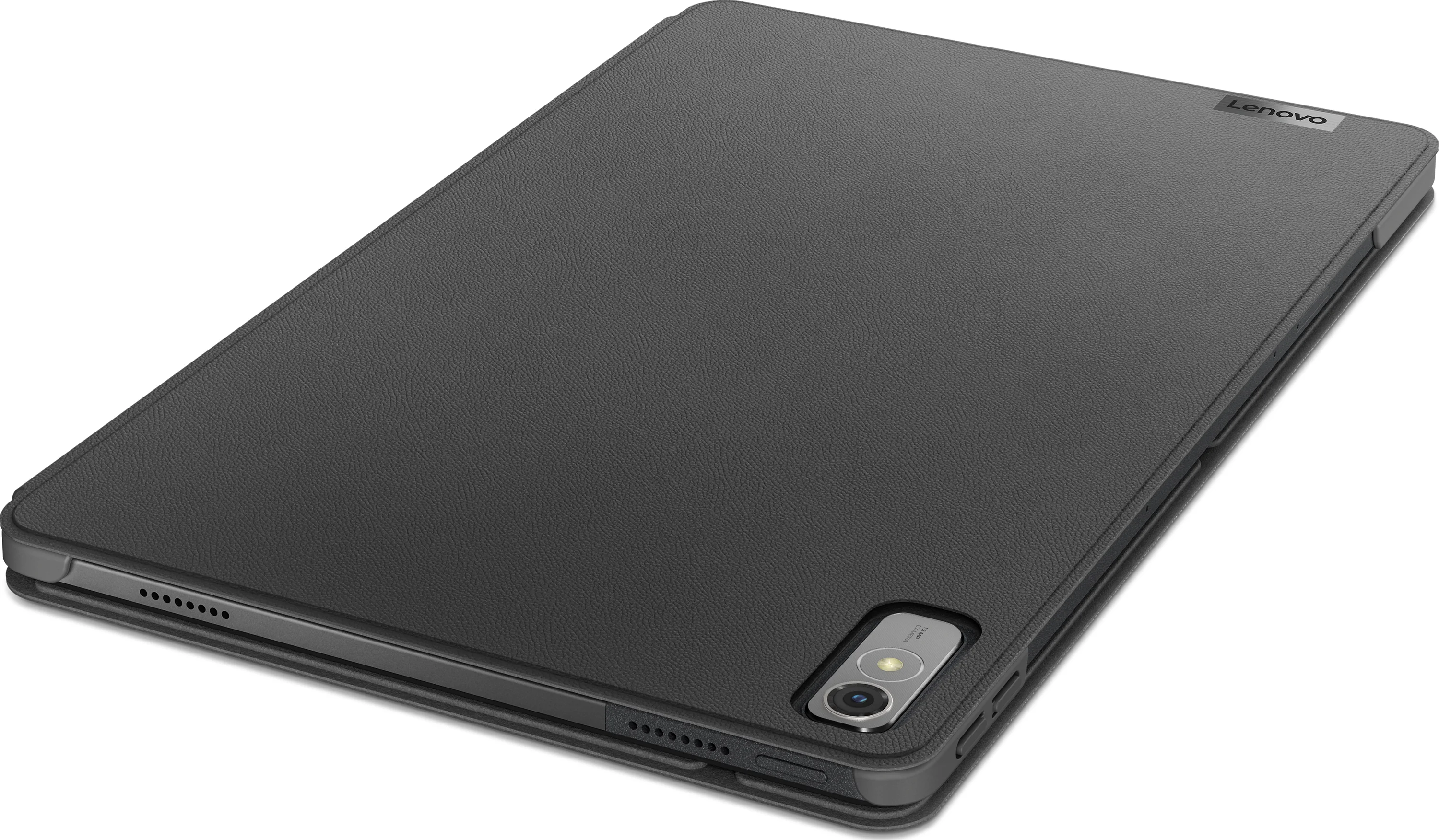 Zadní strana tmavě šedého pouzdra na tablet Lenovo Tab P11 2nd Gen s výřezem pro fotoaparát a logem Lenovo.