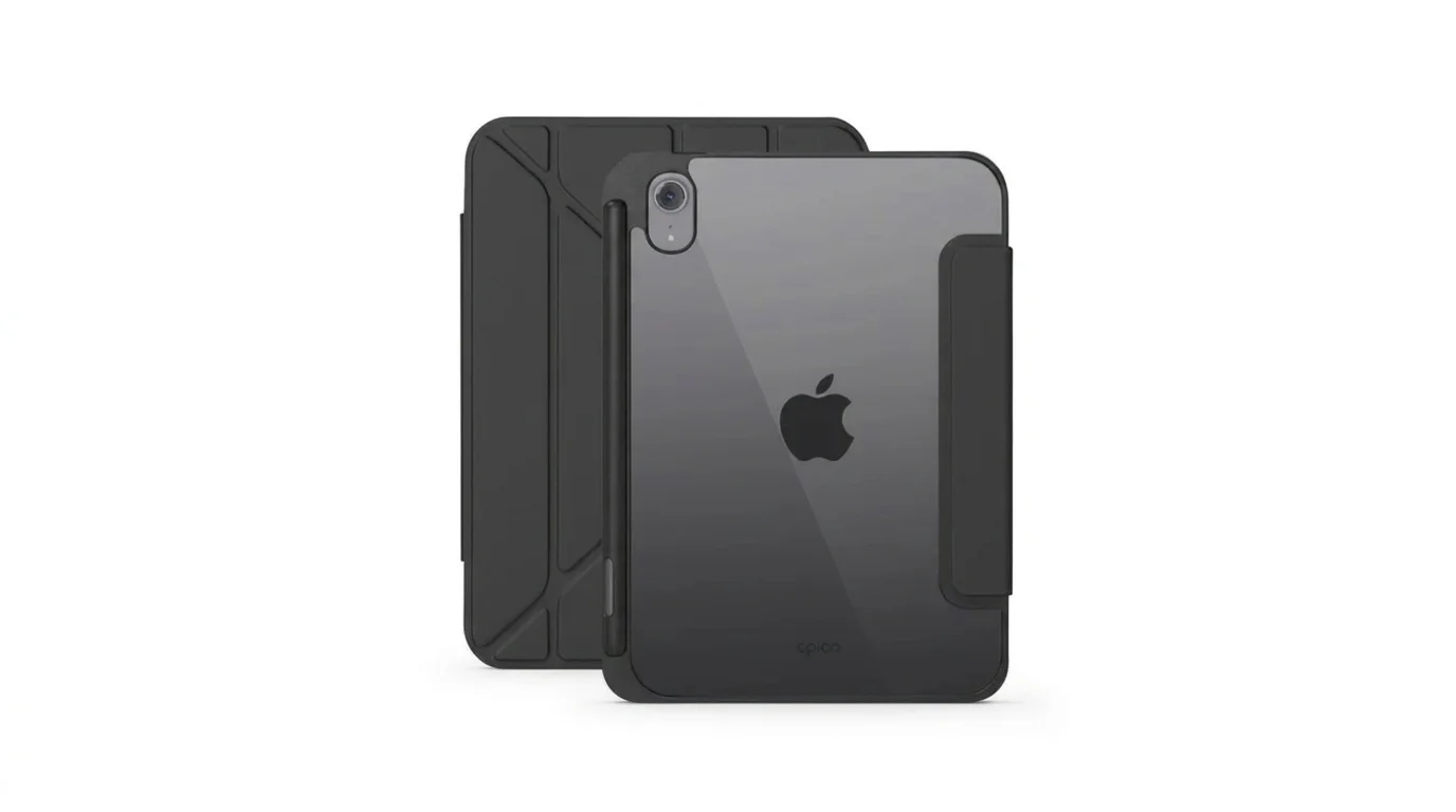 Černé pouzdro Epico Hero Flip pro iPad mini s průhlednou zadní stranou, magnetickou klapkou a slotem pro stylus.
