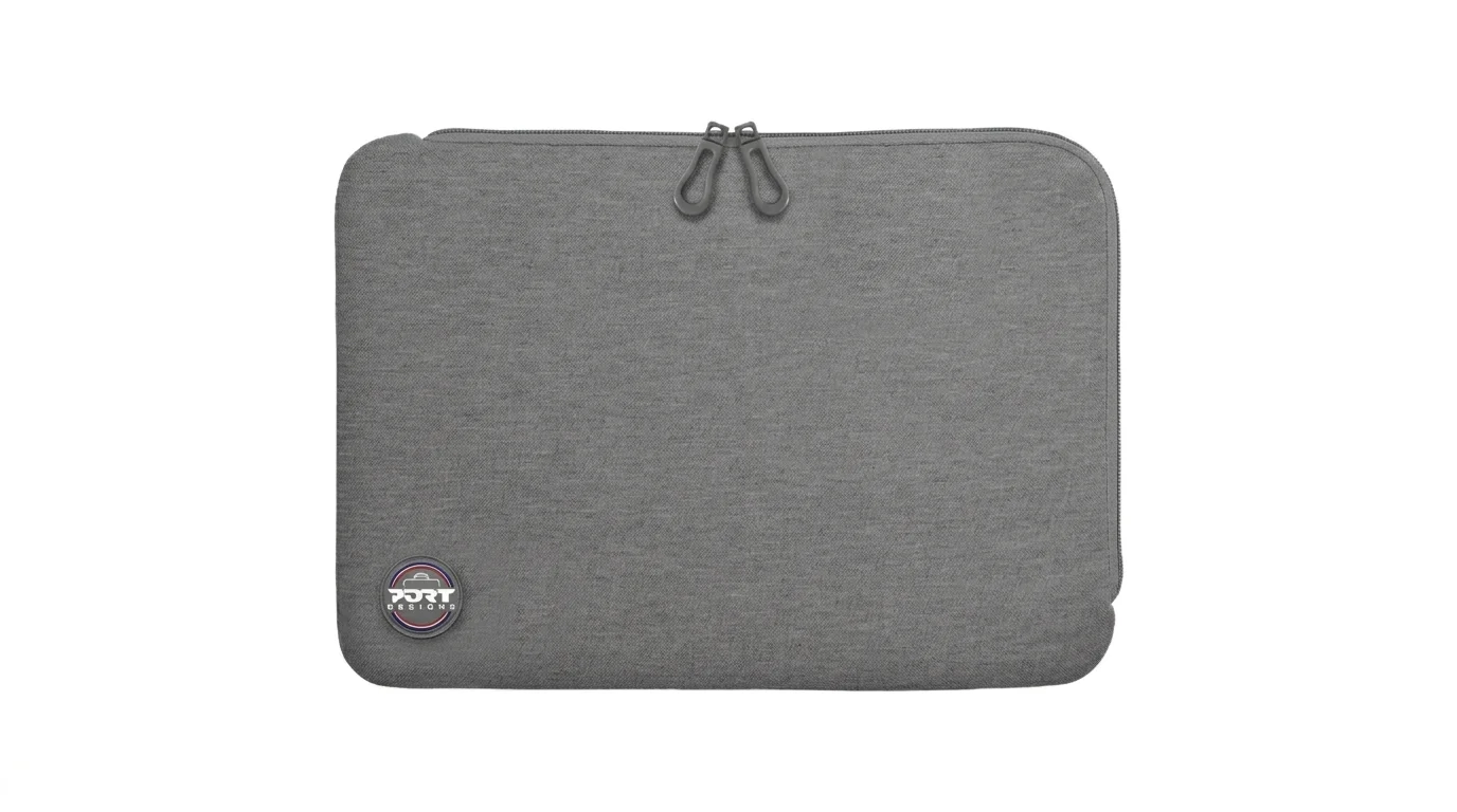 Sivé puzdro na notebook Port Designs Torino II so zipsom a logom značky v dolnom rohu.