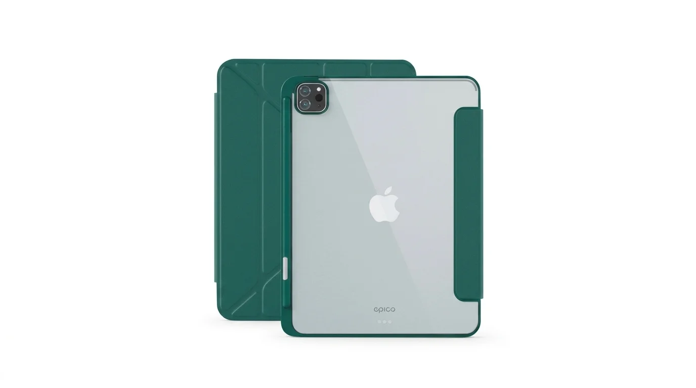 Zelené pouzdro Epico Hero Flip s průhlednou zadní stranou na tabletu iPad a skládacím krytem v pozadí.