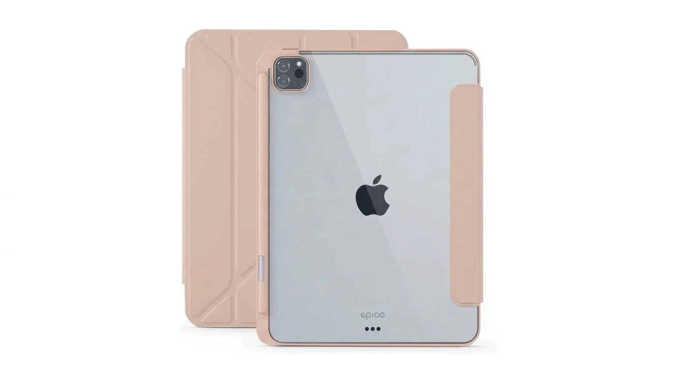 Růžové pouzdro Epico Hero Flip pro iPad s průhlednou zadní stranou, slotem na Apple Pencil a magnetickou klapkou.