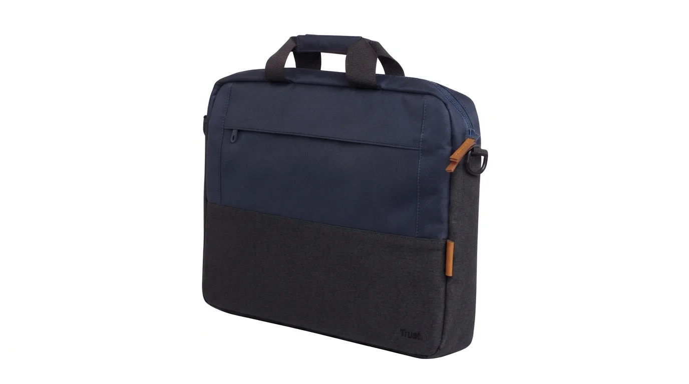 Tmavomodrá taška na notebook Trust Lisboa 16" s predným vreckom na zips a horným držadlom.
