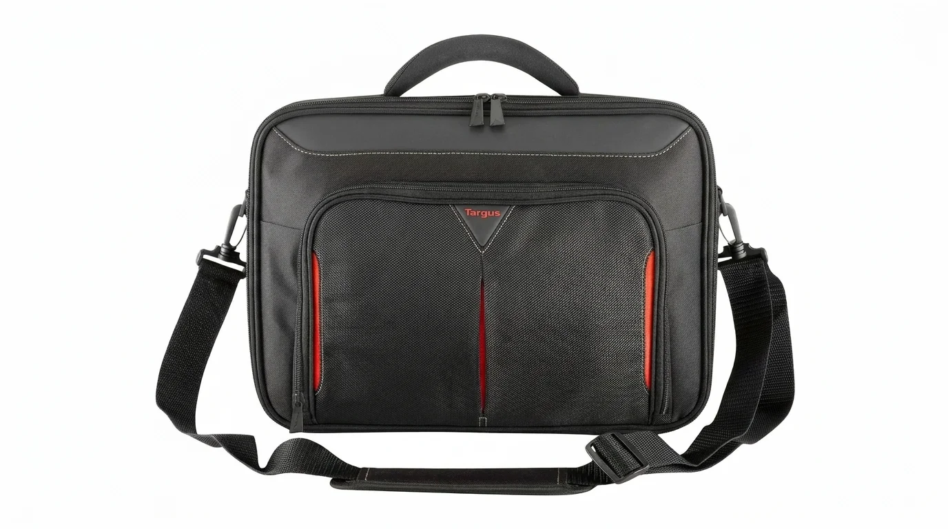 Černá brašna pro notebook Targus CN414EU s červenými detaily, přední kapsou na zip a ramenním popruhem.