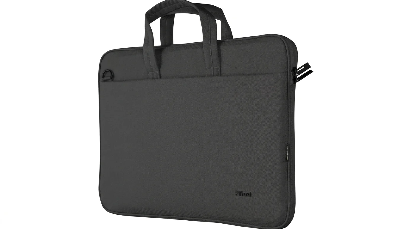 Černá brašna na notebook Trust Bologna 16" ECO s horními uchy a přední kapsou.