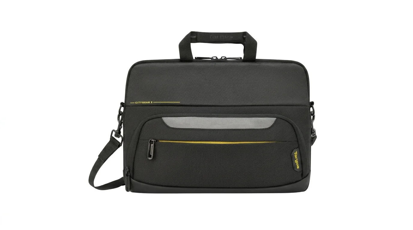 Černá brašna na notebook Targus CityGear s madlem, ramenním popruhem a přední kapsou na zip se žlutými detaily.