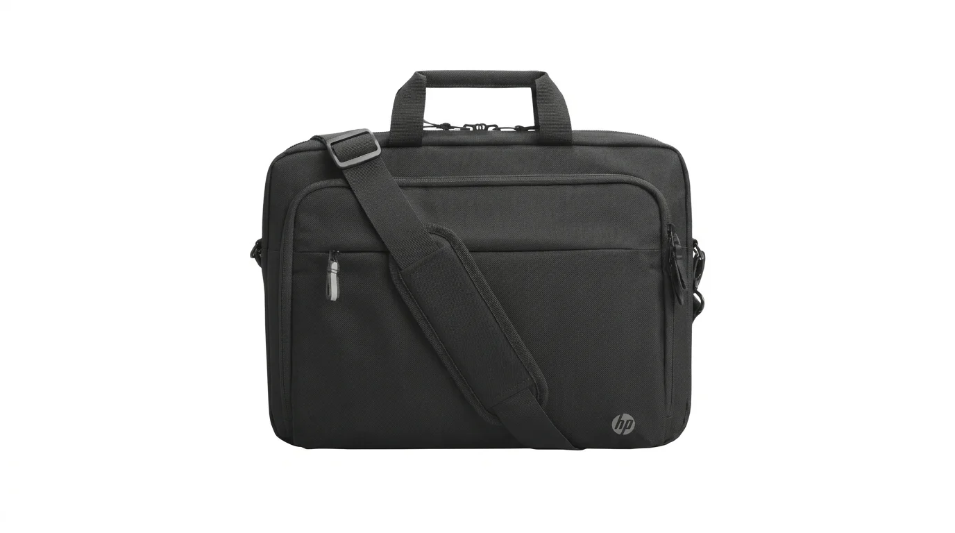 Černá brašna na notebook HP Professional s polstrovaným ramenním popruhem, uchy a přední kapsou na zip.