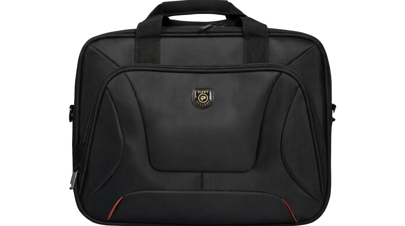 Černá brašna na notebook Port Designs Courchevel Topload s uchy na přenášení, přední kapsou na zip a drobnými červenými detaily.