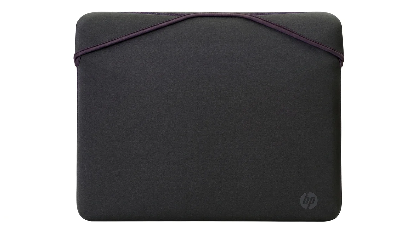 Šedé neoprenové pouzdro na notebook HP s fialově lemovaným přetahovacím uzavíráním a decentním logem.