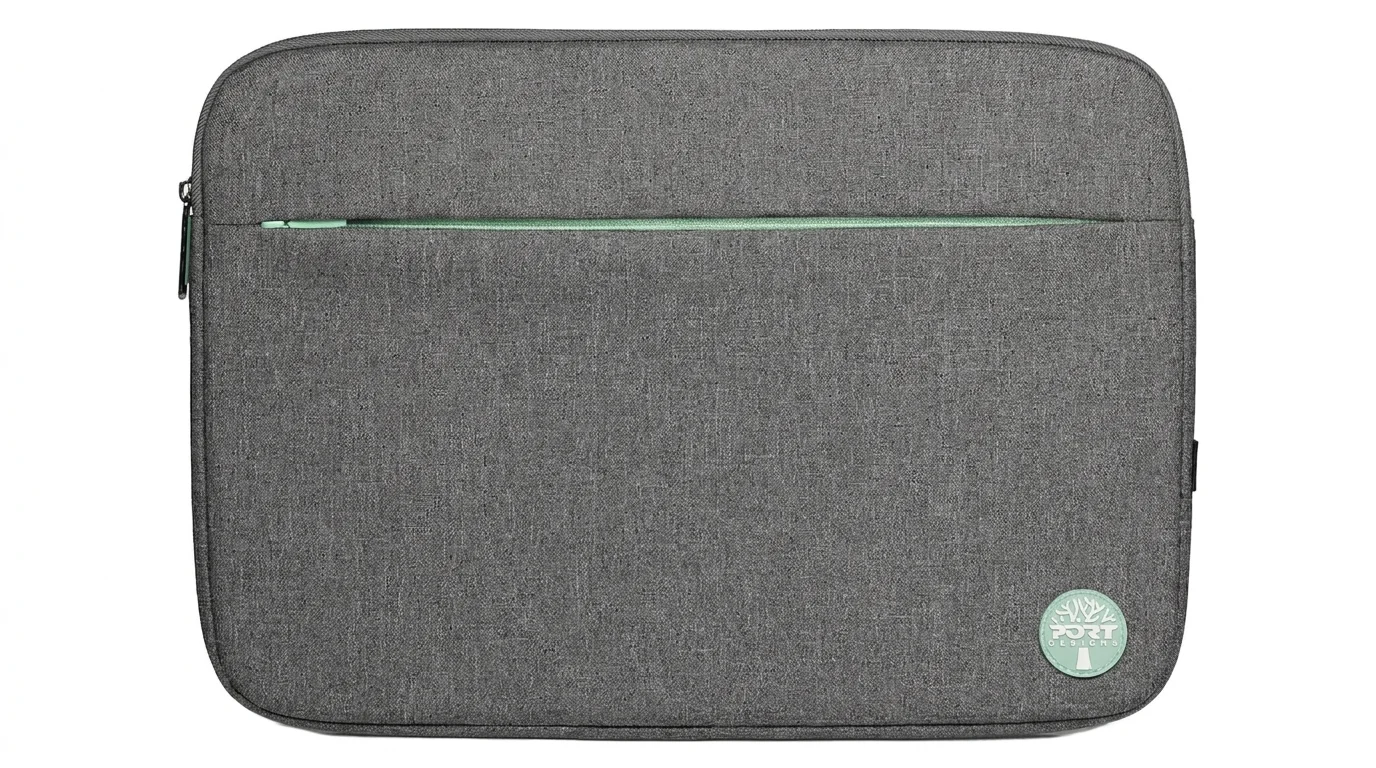 Sivé puzdro na notebook Port Designs Yosemite ECO s predným vreckom so svetlozeleným zipsom a okrúhlym logom.