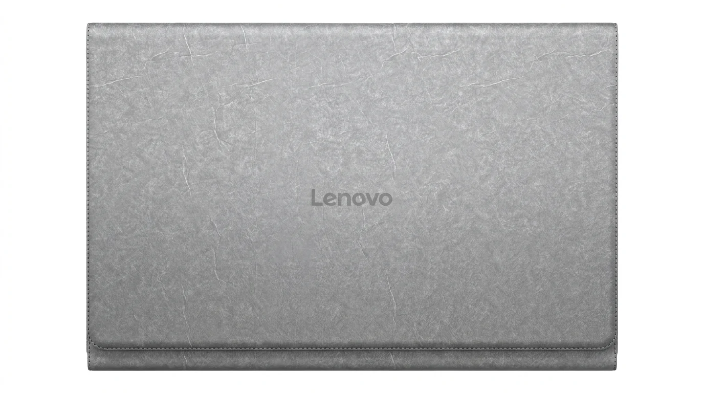 Šedé pouzdro pro tablet Lenovo Tab Plus s texturovaným povrchem a logem Lenovo uprostřed.