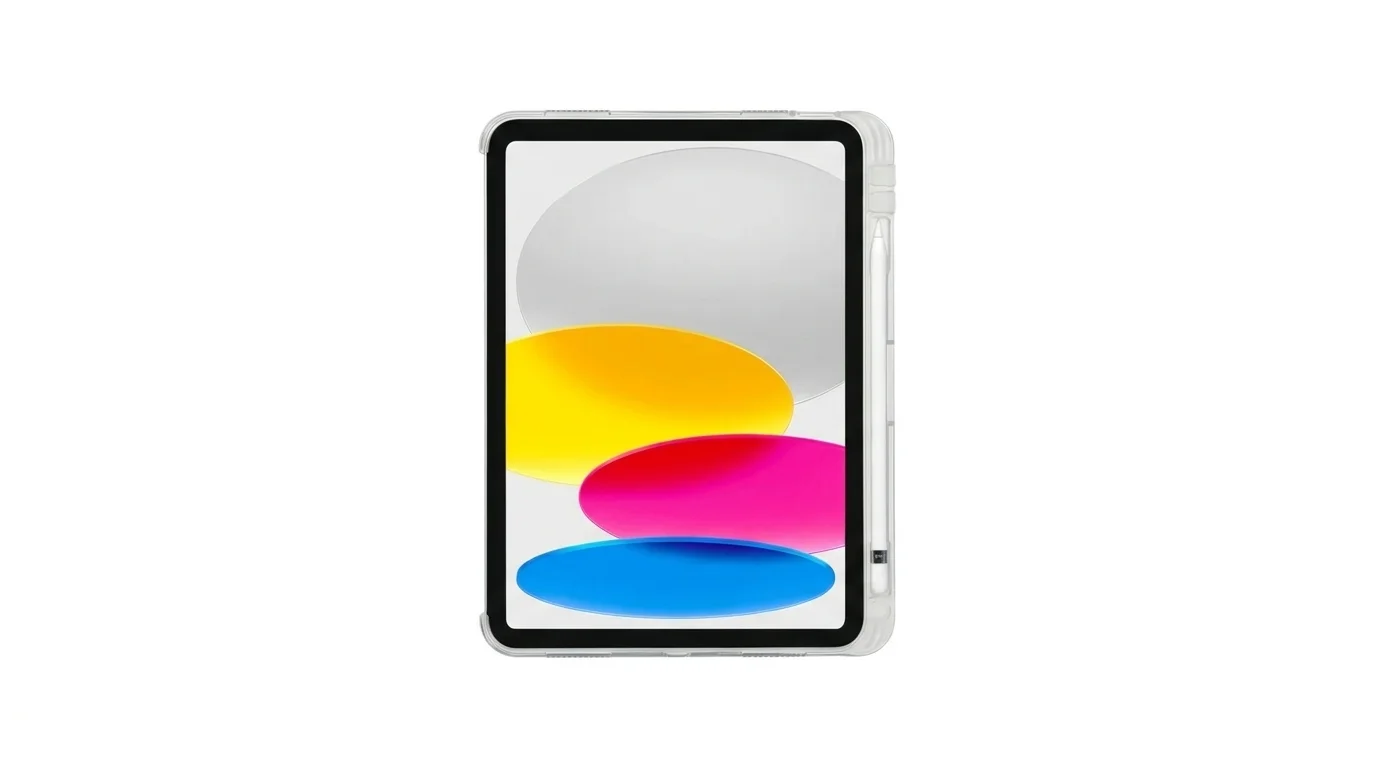 Přední pohled na tablet Apple iPad v průhledném pouzdře Targus Click-In s perem Apple Pencil v bočním držáku.