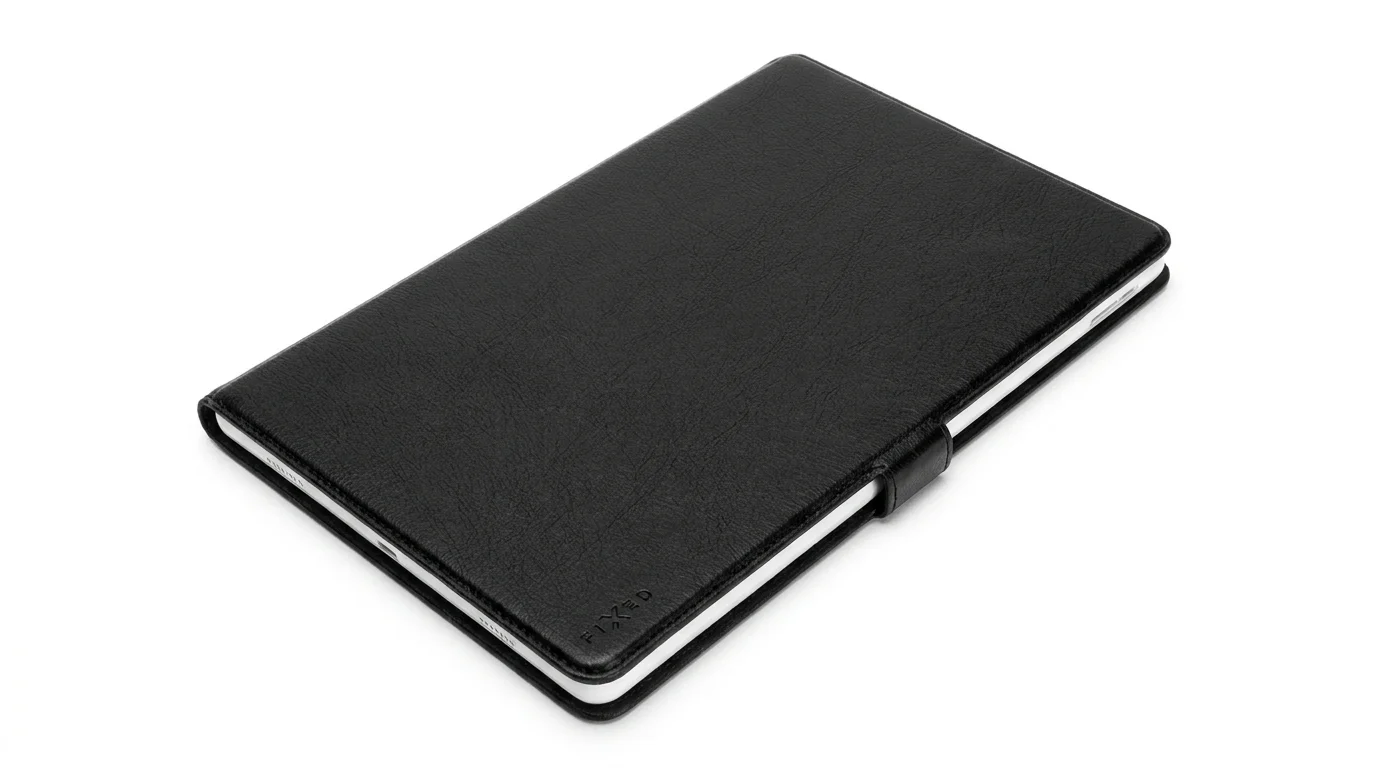Černé zavřené pouzdro Fixed Topic Tab pro Samsung Galaxy Tab A9+ s magnetickým zapínáním a logem značky.
