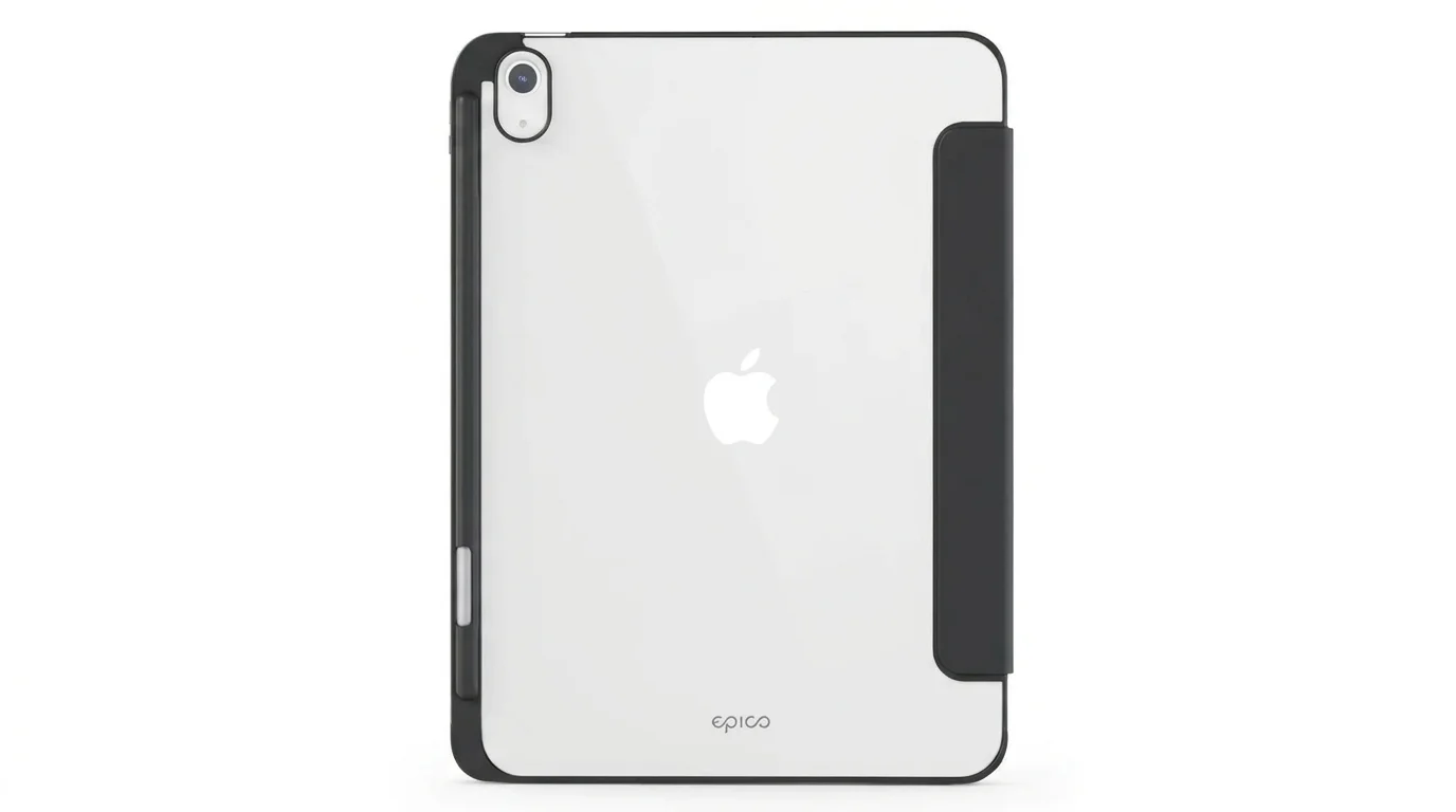 Černé pouzdro Epico Hero Flip pro iPad s průhlednou zadní stranou, magnetickou klopou a výřezem na fotoaparát.