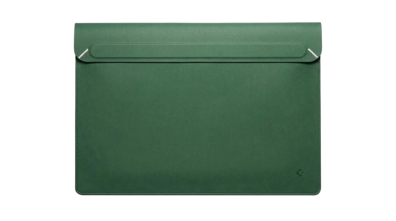 Zelené pouzdro na notebook Spigen Valentinus S 16 s uzavřenou horní klopou a prošitými okraji.