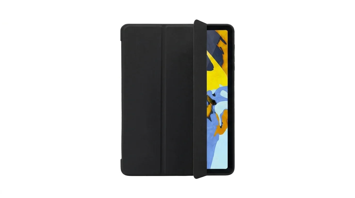 Černé pouzdro Fixed Padcover na iPad s pootevřenou přední stranou odhalující část displeje.