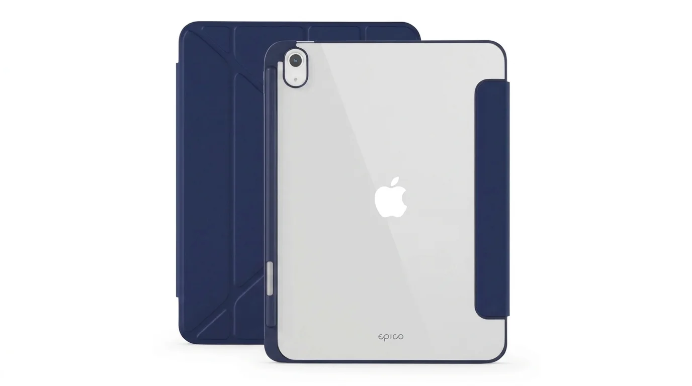 Modré pouzdro Epico Hero Flip pro iPad Pro s průhlednou zadní částí, magnetickou klopou a slotem pro stylus.