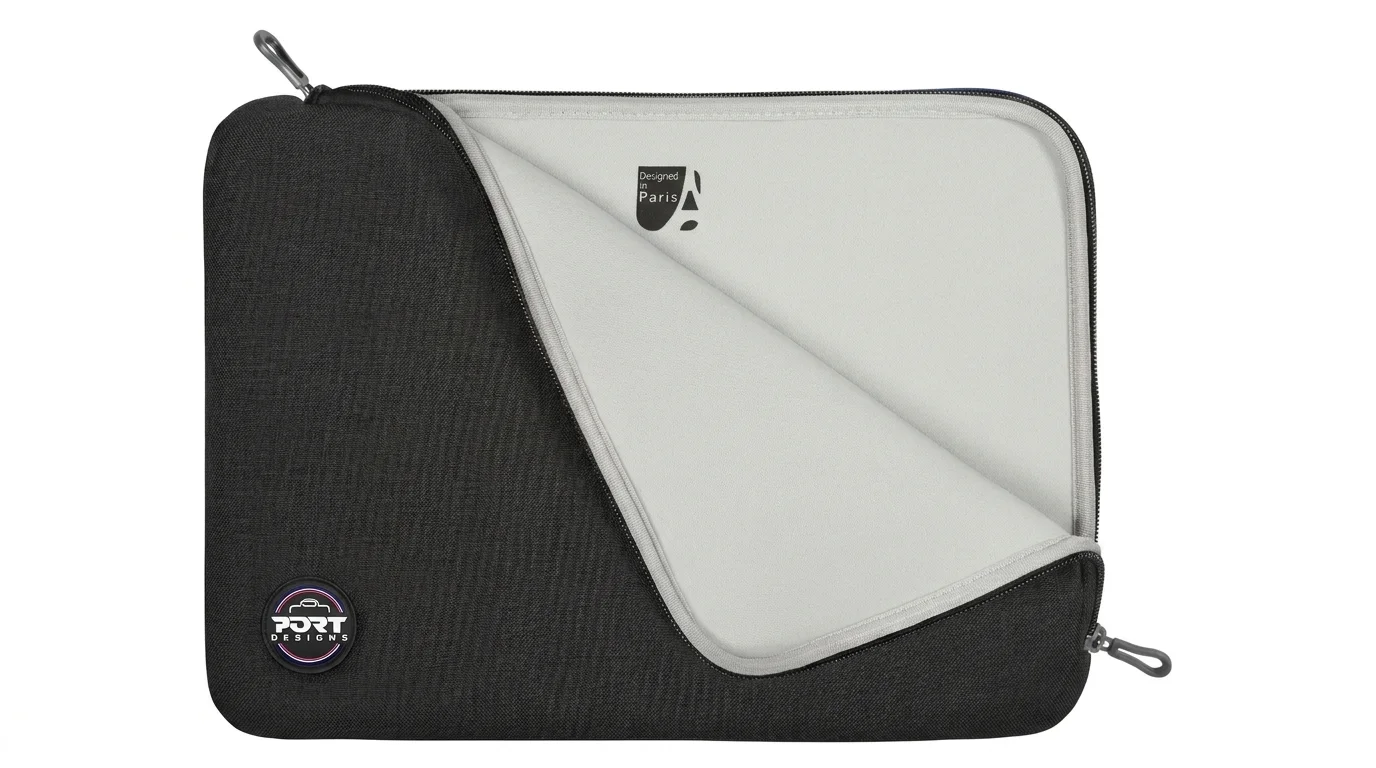 Čierne puzdro na notebook Port Designs Torino II s otváraním v tvare L a svetlosivou vnútornou výstelkou.