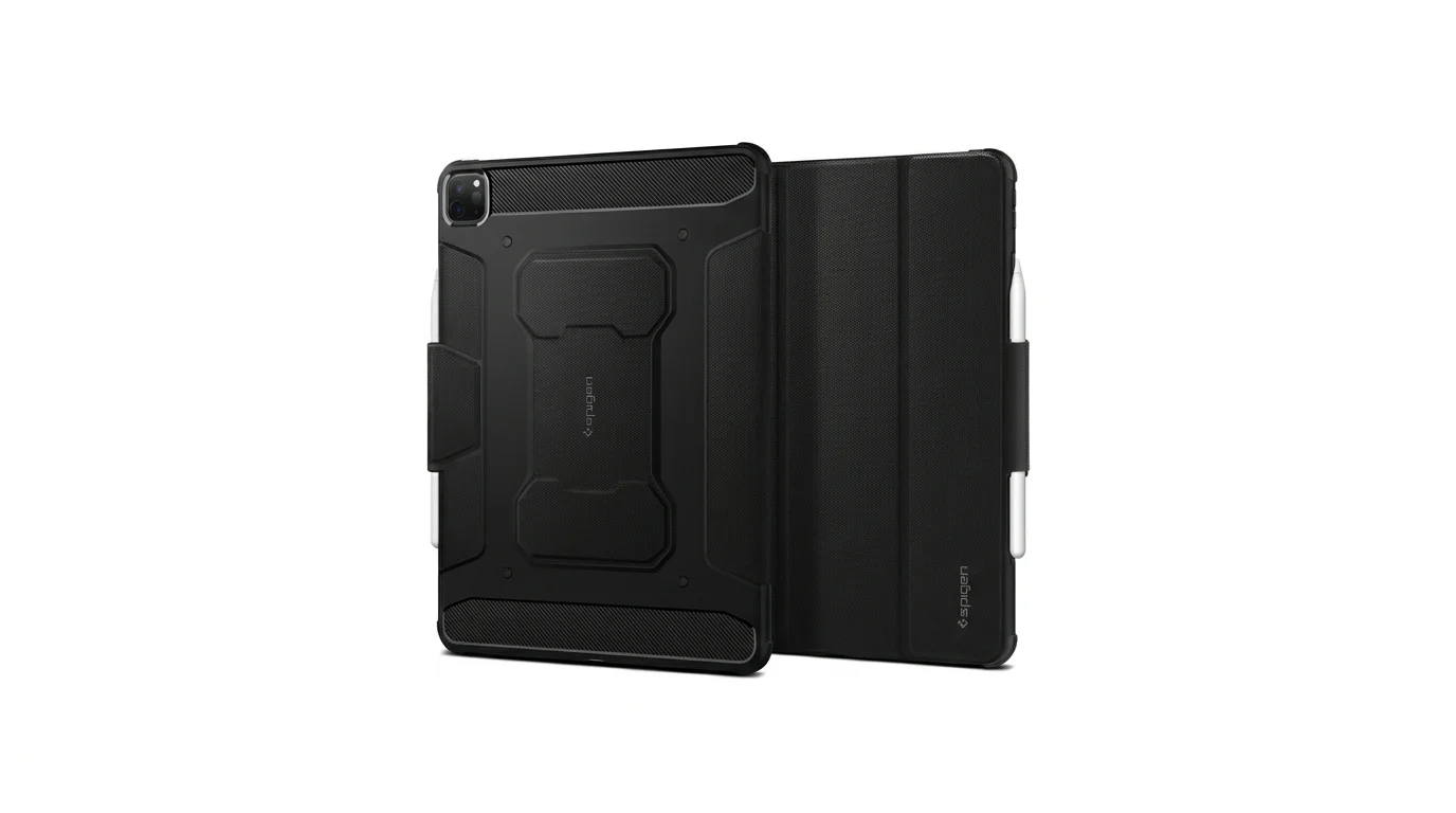 Černé pouzdro Spigen Rugged Armor Pro pro iPad Pro 12.9" zobrazené z přední i zadní strany s perem Apple Pencil.