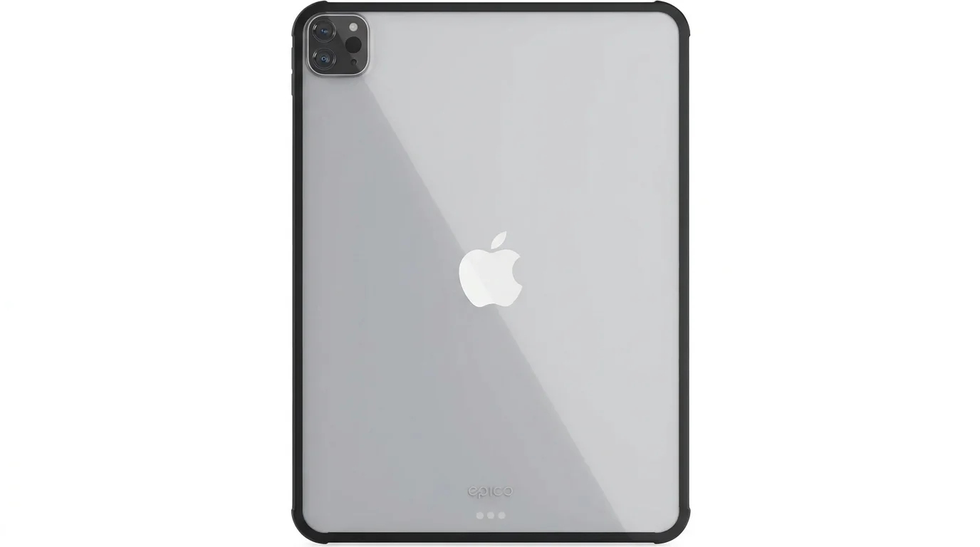 Zadní strana tabletu iPad Pro v transparentním pouzdře Epico s černým rámečkem.