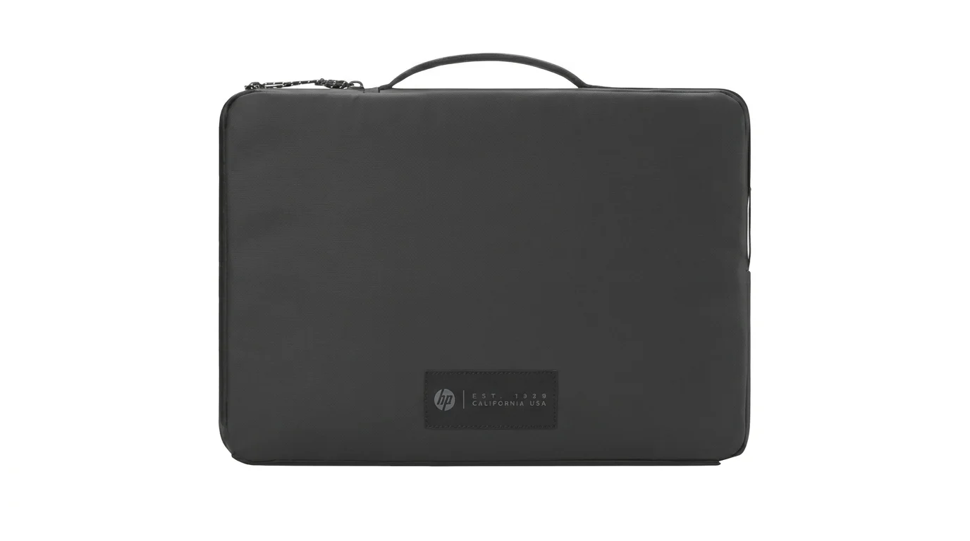 Černé pouzdro na notebook HP Sports s horním držadlem, zapínáním na zip a logem HP ve spodní části.