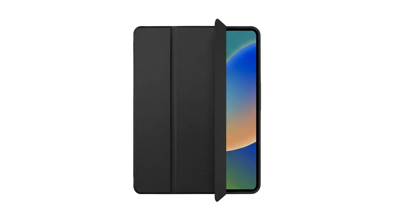 Černé pouzdro Fixed Padcover+ pro iPad Pro 13 s částečně odklopenou přední stranou odhalující displej tabletu.