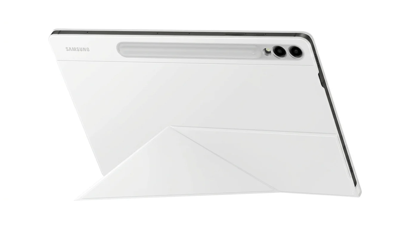 Bílé pouzdro pro tablet Samsung Tab S9+ složené do stojánku pro horizontální sledování.