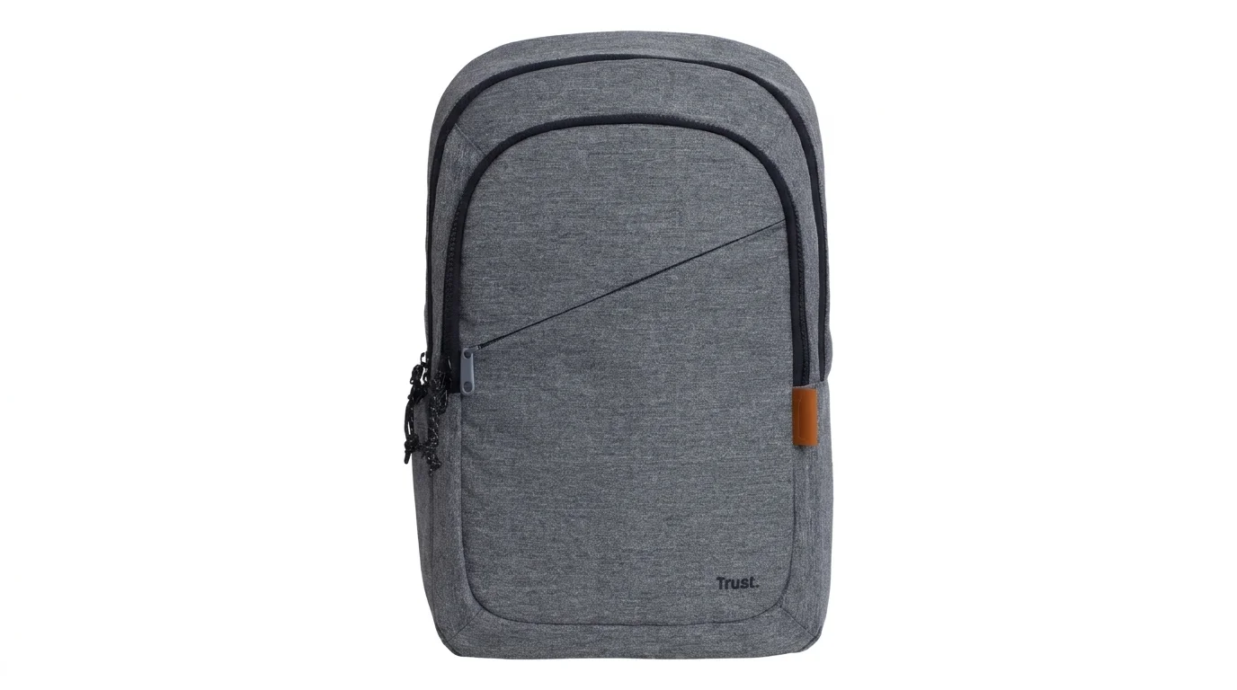 Šedý batoh na notebook Trust Avana z čelního pohledu s přední šikmou kapsou na zip.