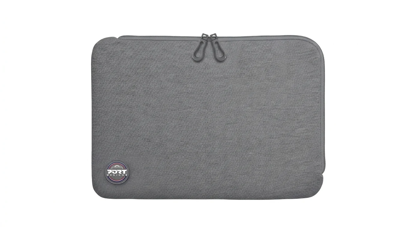 Sivé neoprénové puzdro na notebook Port Designs Torino II s dvojitým zipsom a logom značky.