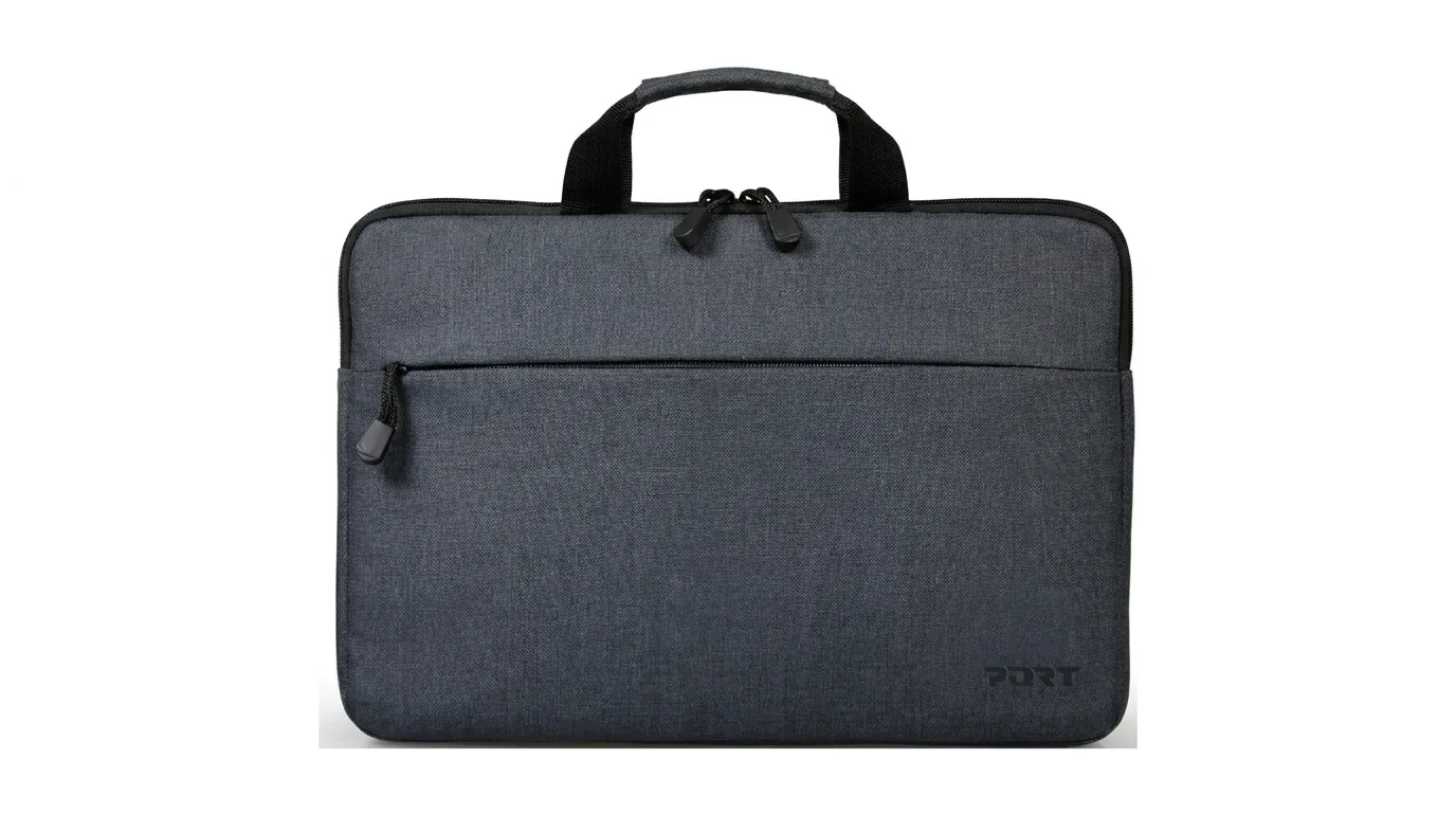Šedá brašna na notebook Port Designs Belize s horním madlem a přední kapsou na zip.