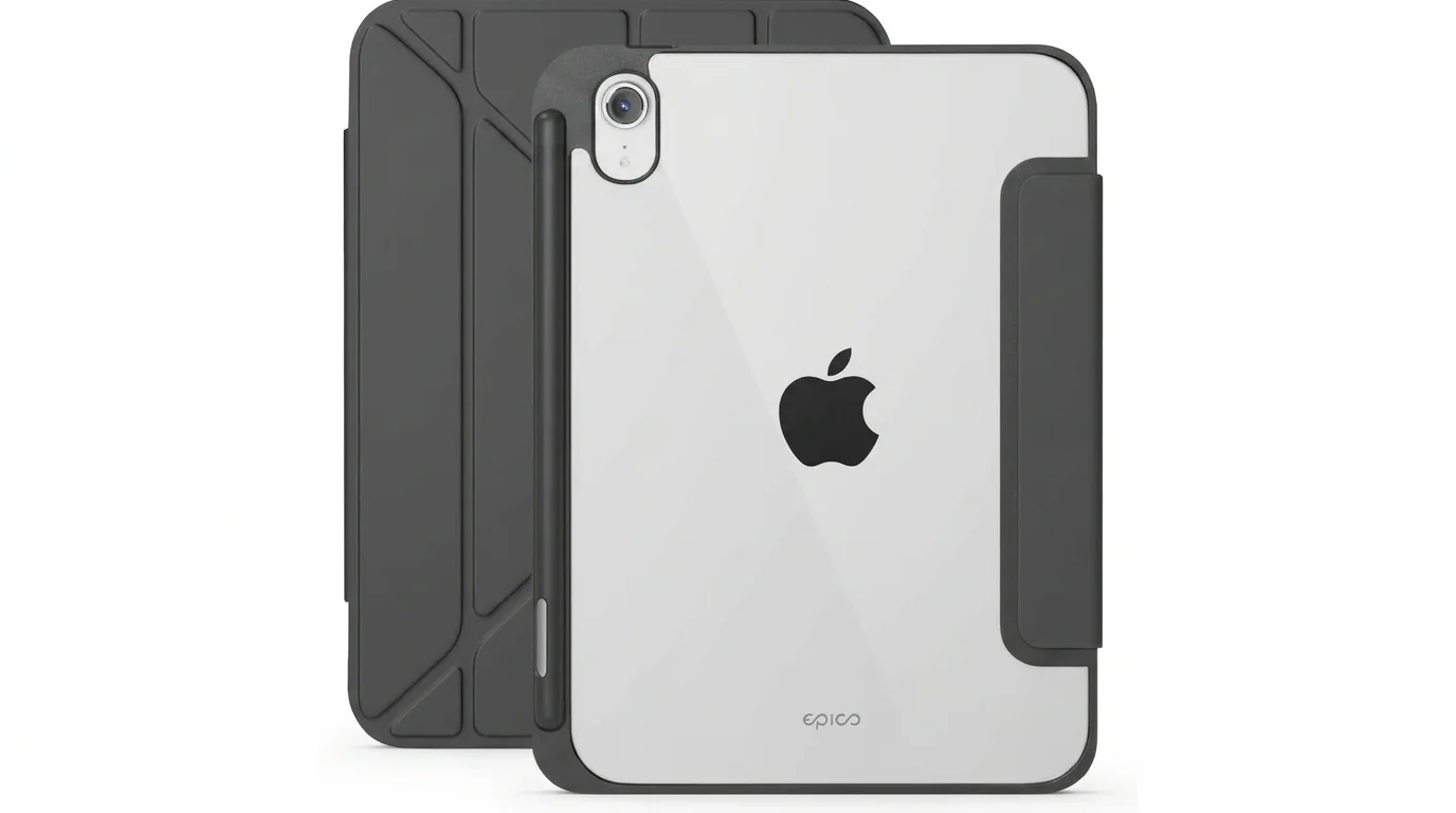 Černé pouzdro Epico Hero Flip nasazené na iPadu s průhlednou zadní stranou, slotem na Apple Pencil a magnetickou klopou.
