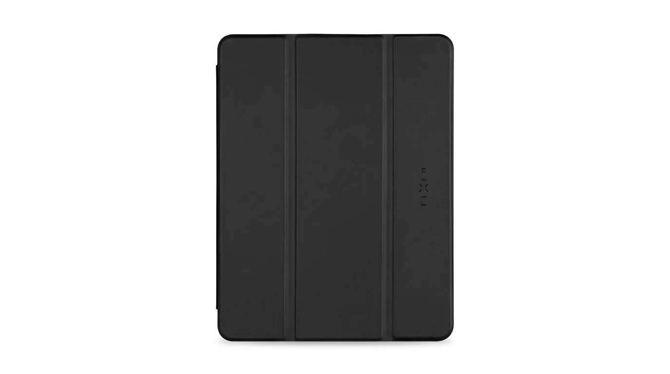 Černé pouzdro Fixed Padcover+ pro iPad s trojdílnou přední klopou a vyraženým logem FIXED.