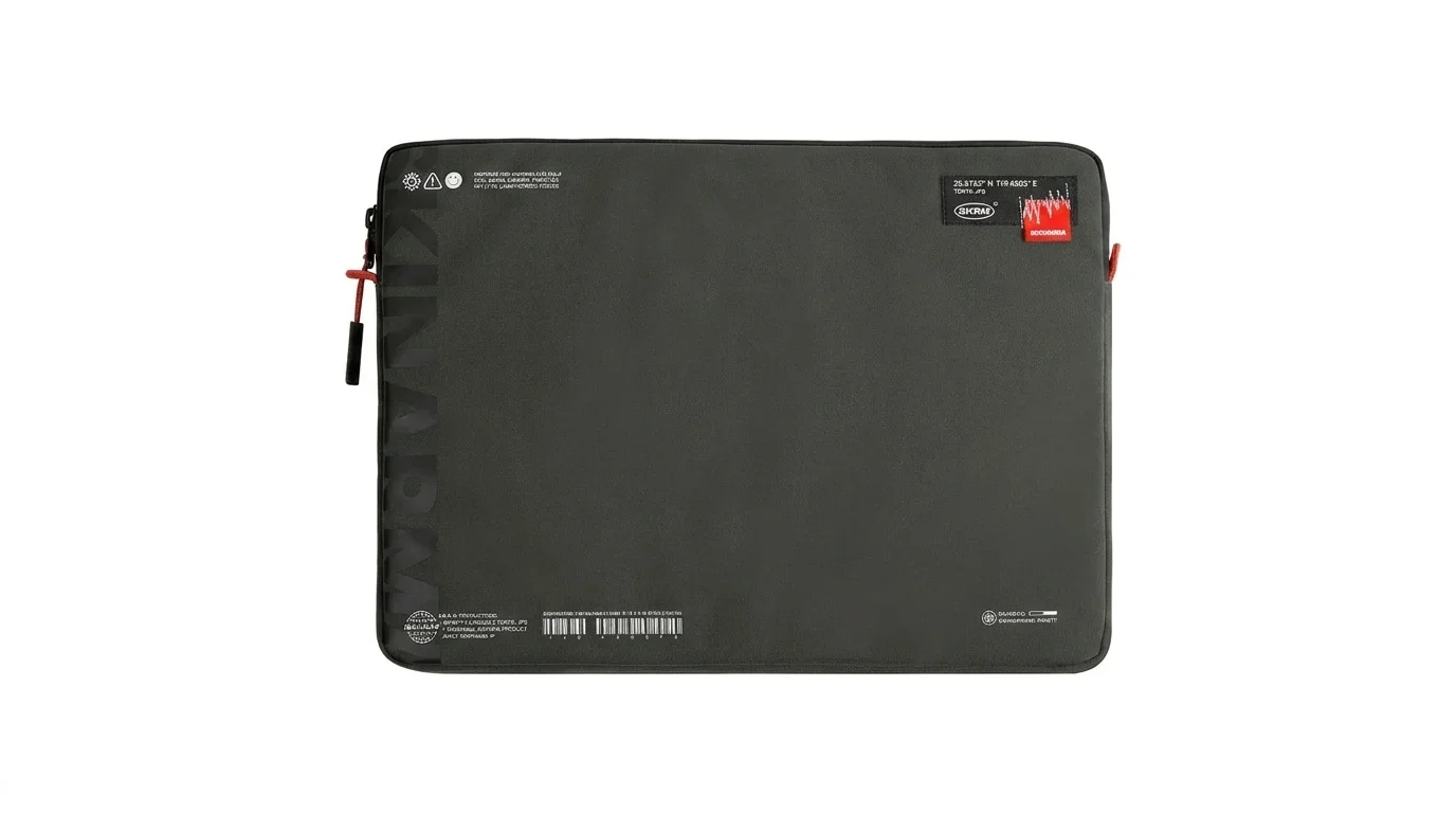 Pouzdro na notebook Skinarma Fardel v tmavě zelené barvě s designovými potisky a zipem s červeným táhlem.