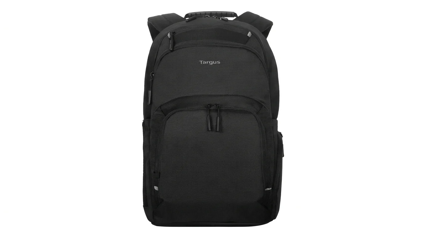 Černý batoh na notebook Targus Classic 16 z čelního pohledu se zipovými kapsami a horním madlem.