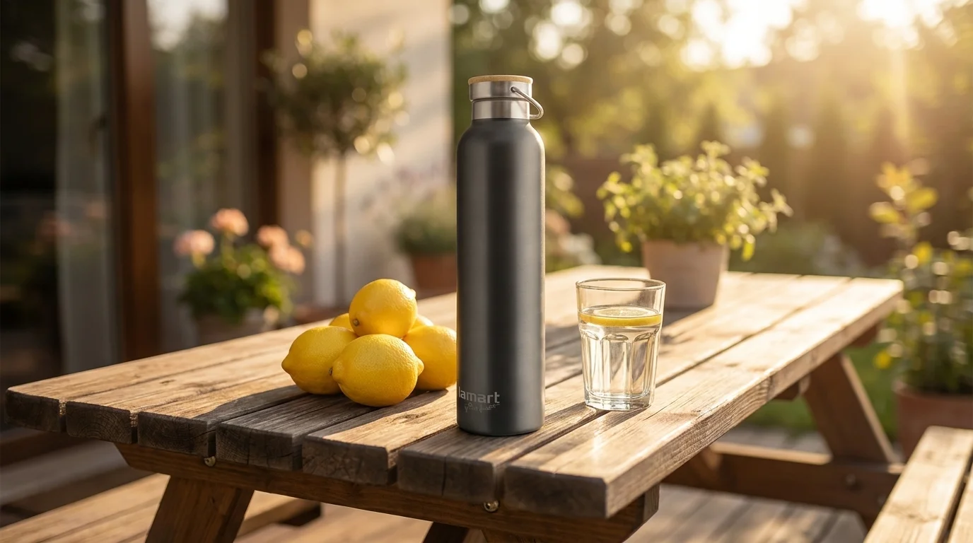 Tmavě šedá termoska Lamart LT4067 na dřevěném stole vedle citronů a sklenice vody s plátkem citronu.