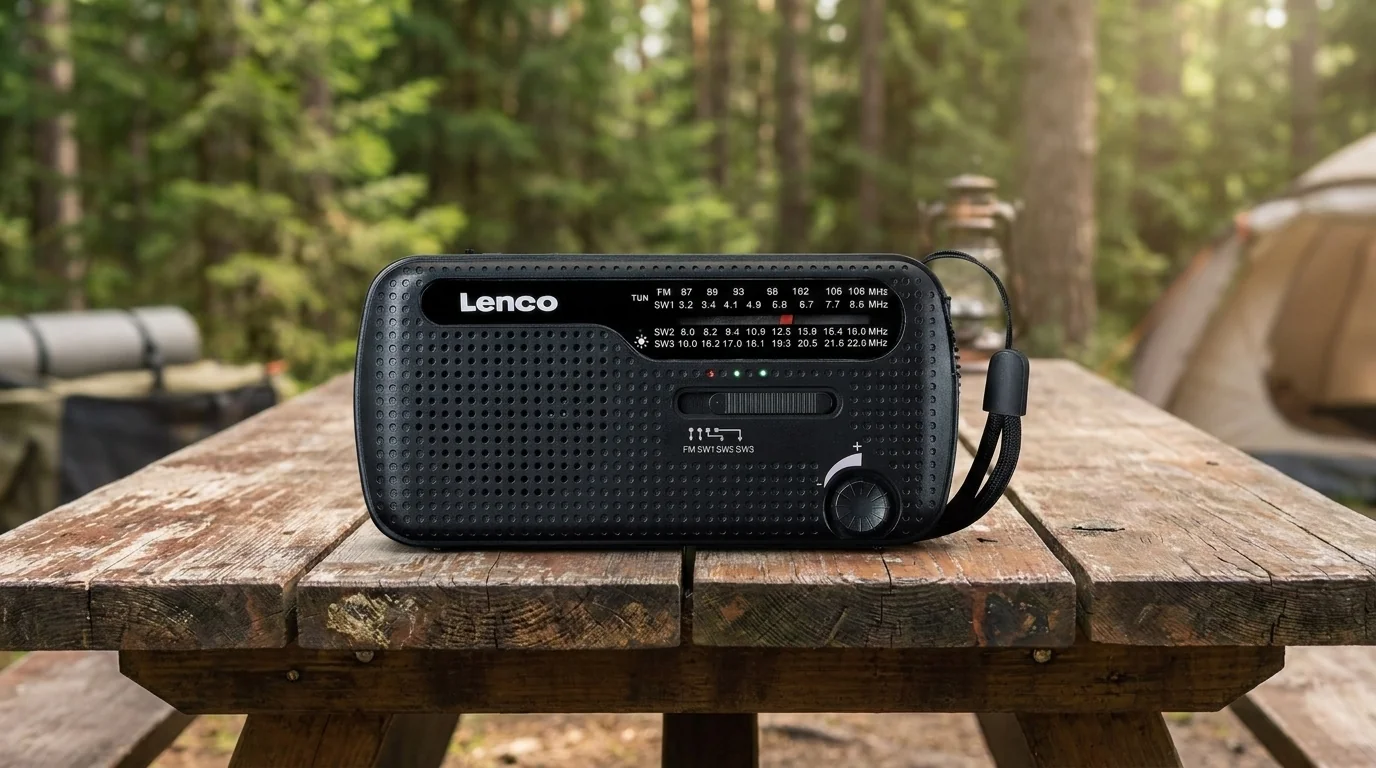 Černé přenosné rádio Lenco MCR-113BK s poutkem položené na dřevěném piknikovém stole v přírodě.