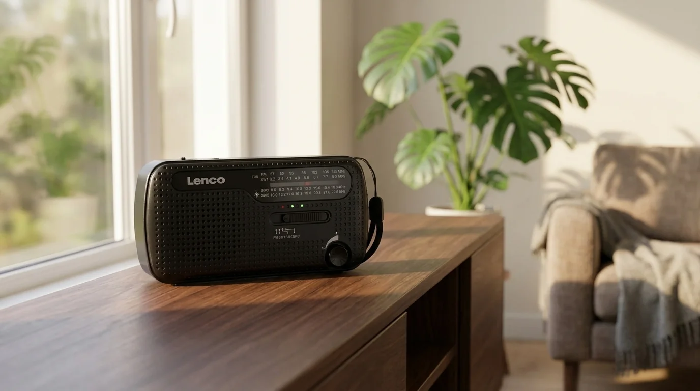 Černé přenosné rádio Lenco MCR-113BK položené na dřevěné komodě u okna v interiéru.